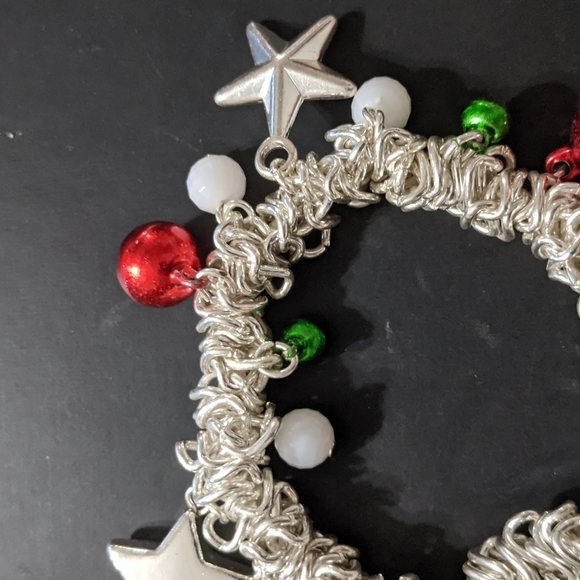 Silver Tone Stars Red and Green Bells White Beads Stretchy Statement Bracelet - Picture 3 of 3